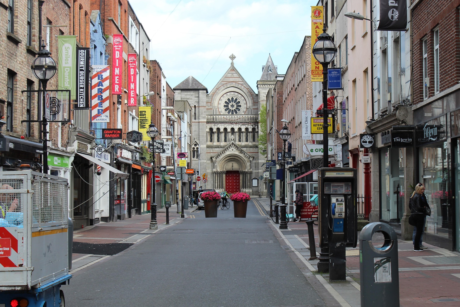 Dublin street scene near Grafton Street, with St. Ann's Church of Ireland at the end